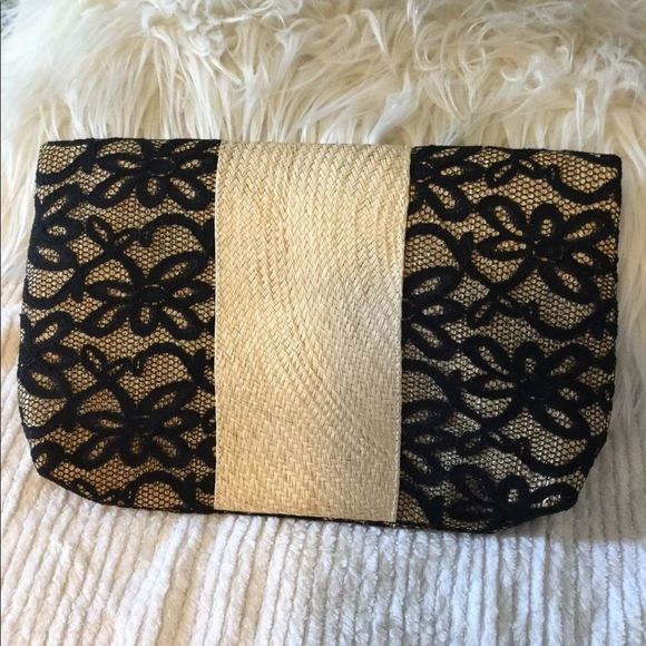 Straw and black lace woven party clutch bag 12x8 - Picture 5 of 7